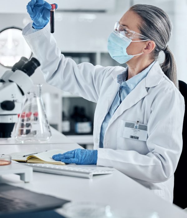 Scientist, pathology and blood or DNA science woman working in a lab for covid research, innovation